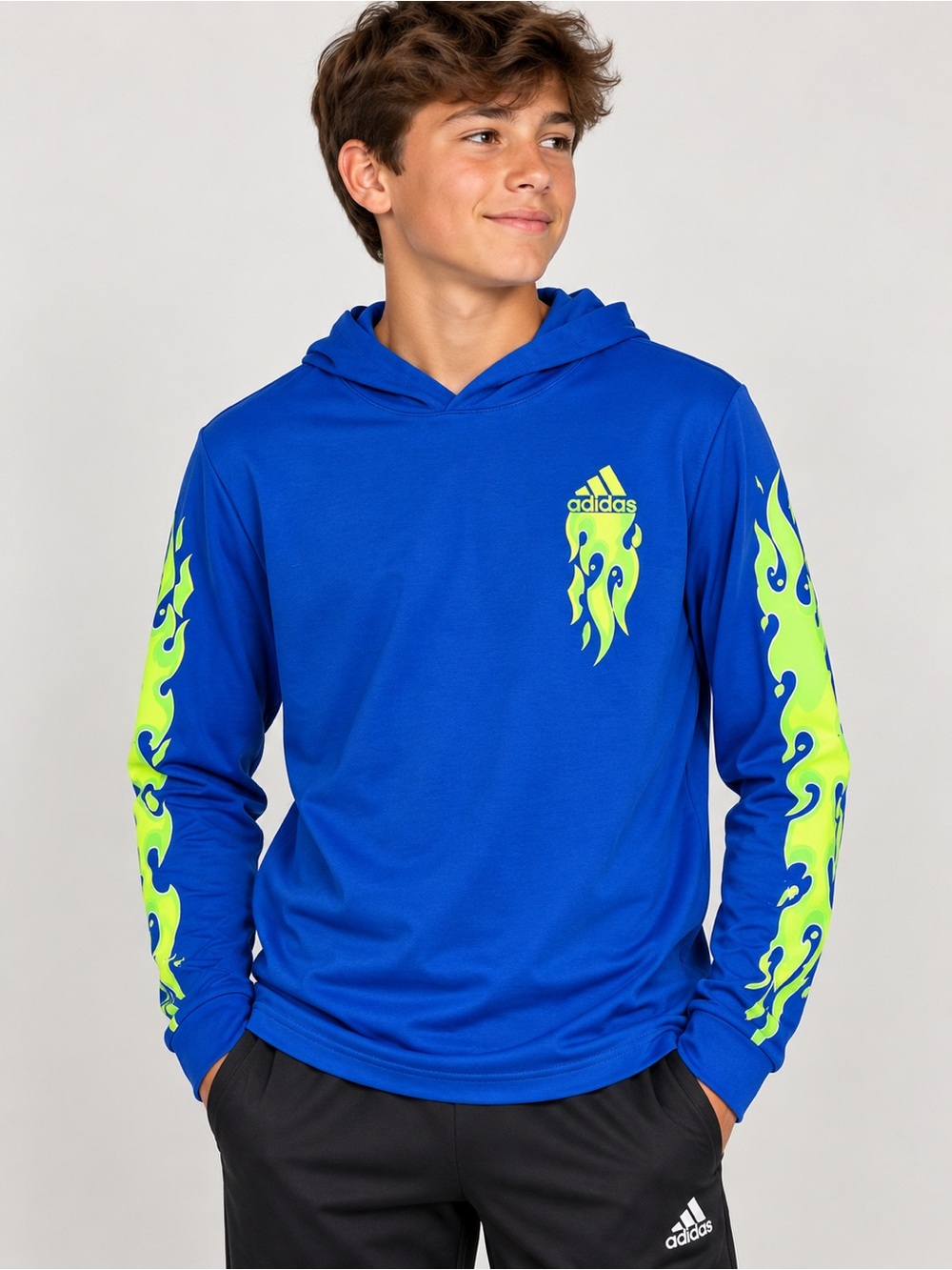 Adidas Boys XL Blue Hooded Long-Sleeve Shirt with Neon Green Flame (0024) - Picture 1 of 4